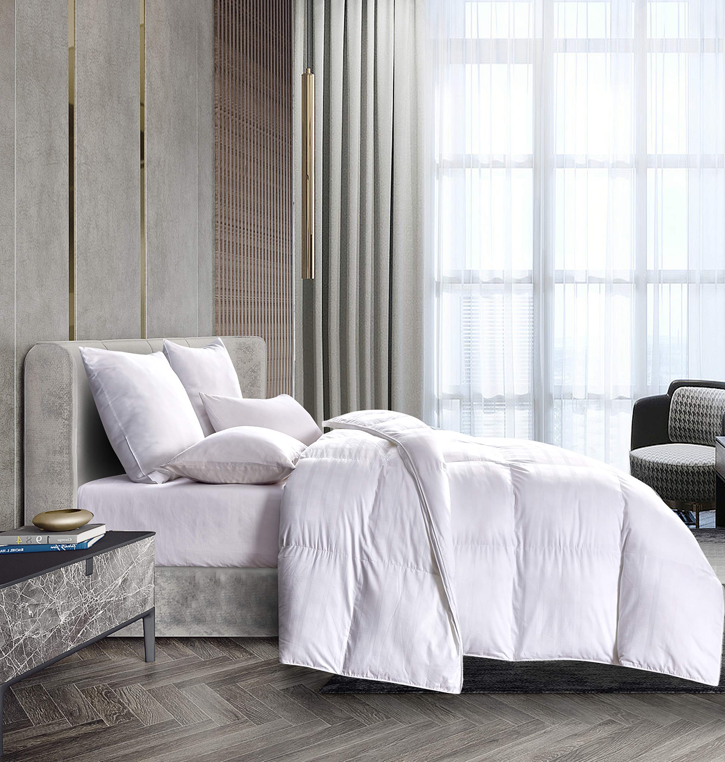 Blue Ridge Home Fashions Luxury 600 Thread Count Windowpane Pattern Oversize Down Alternative Comforter - Hypoallergenic Polyester Fill, King, White