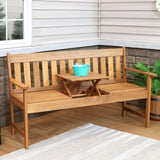 Meranti Wood Outdoor Patio Bench with Built-In Pop-Up Table - Teak Oil Finish - 60-Inch