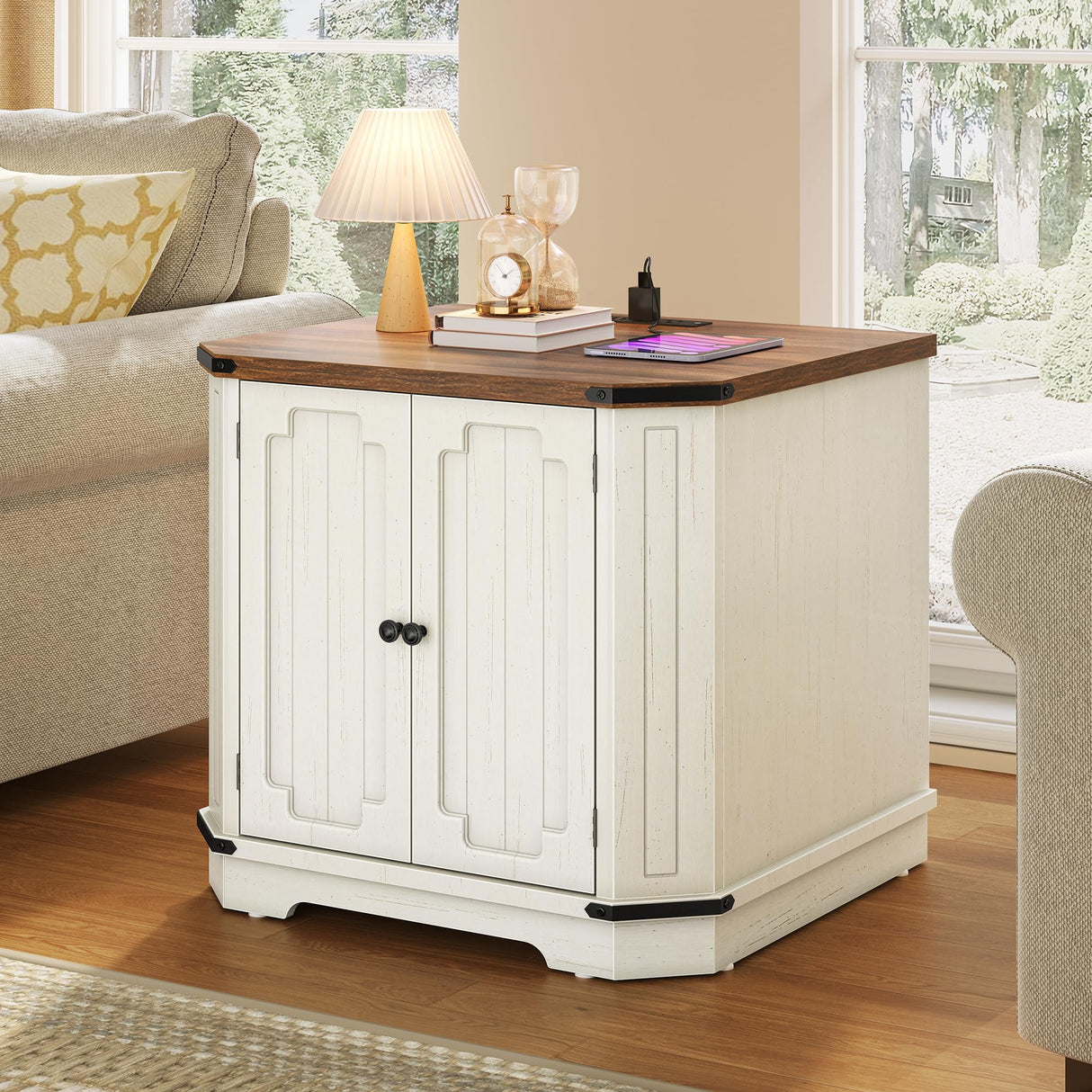 End Tables Living Room Set of 2, Farmhouse Night Stand with Power Outlets and Adjustable