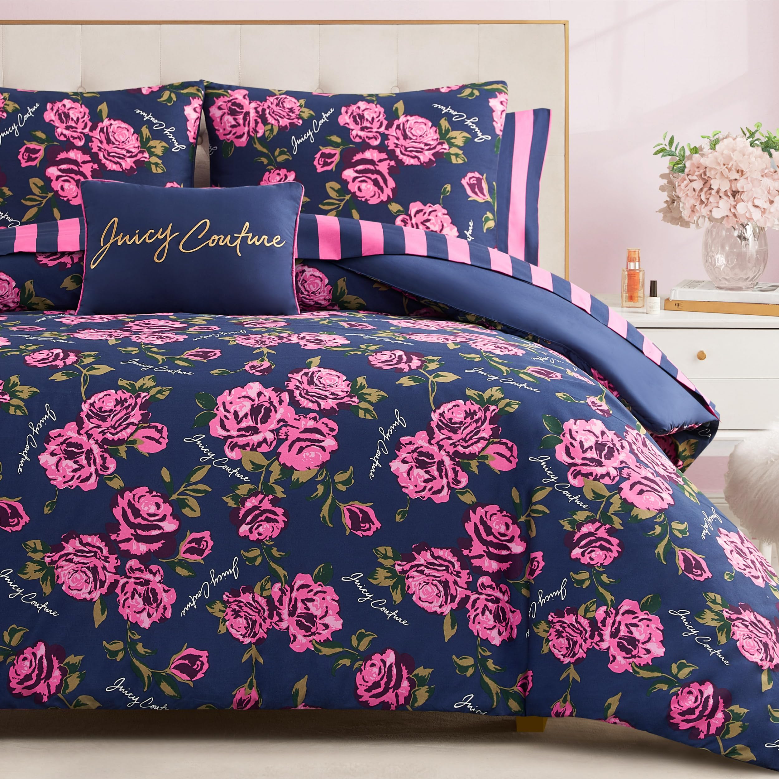 8-Piece Full Comforter Set - Navy & Pink Rose Logo