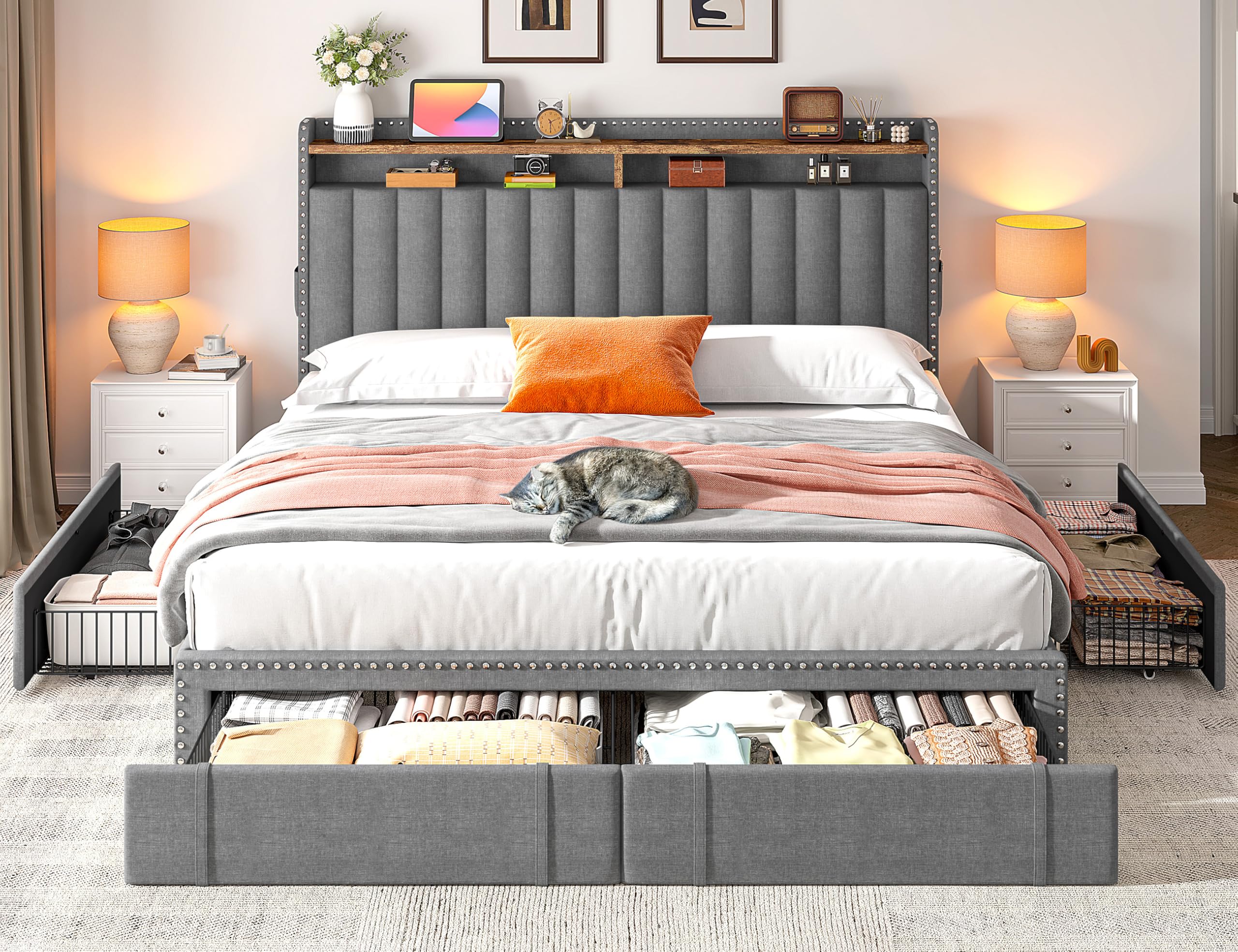 King Size Upholstered Bed Frame with 4 Storage Drawers and Headboard Shelves