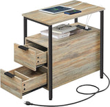 Side Table with Charging Station, Narrow End Table with 2 Drawers, Slim Nightstand and Bedside Table