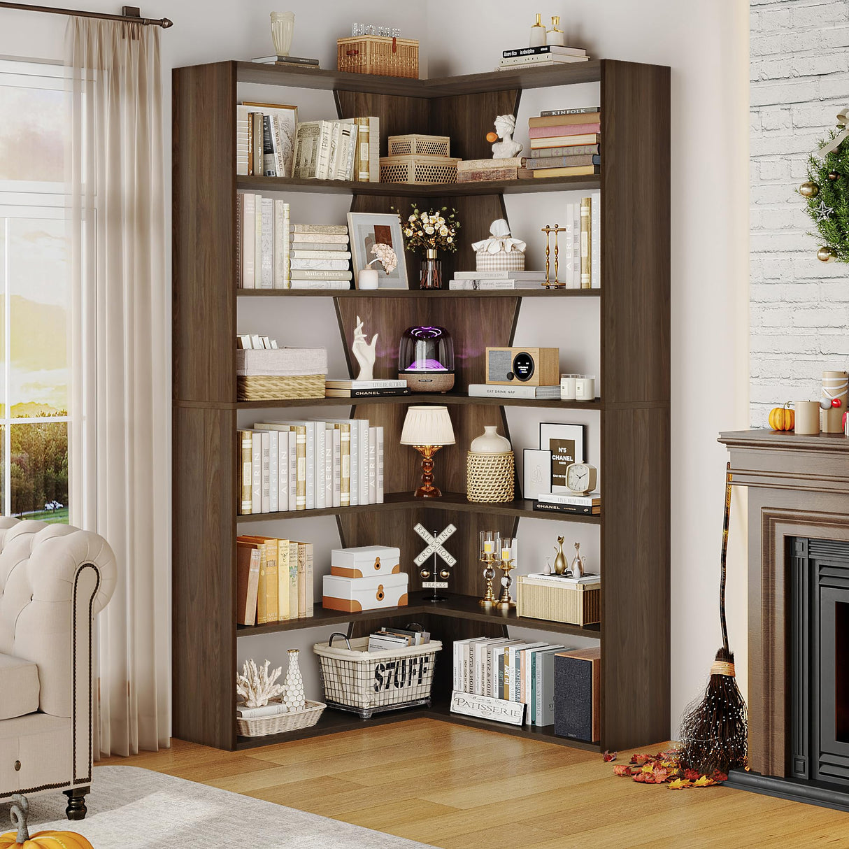 6-Tier Corner Bookshelf, Modern Bookshelf and Bookcase, Tall Bookcase Open Display