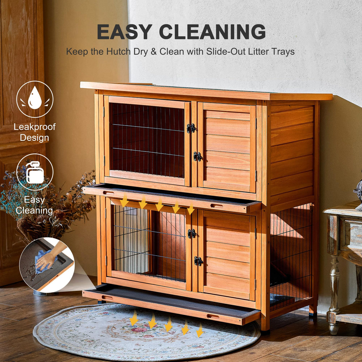 2 Story Wooden Rabbit Hutch for 2 Rabbits, Indoor Outdoor Bunny Cage