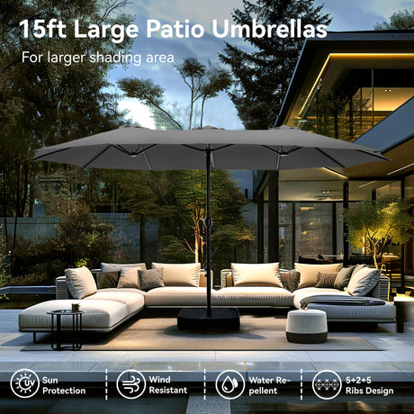 15ft Large Patio Umbrellas with Base, Outdoor Double-Sided Rectangle Market Umbrella for Pool Lawn Garden,