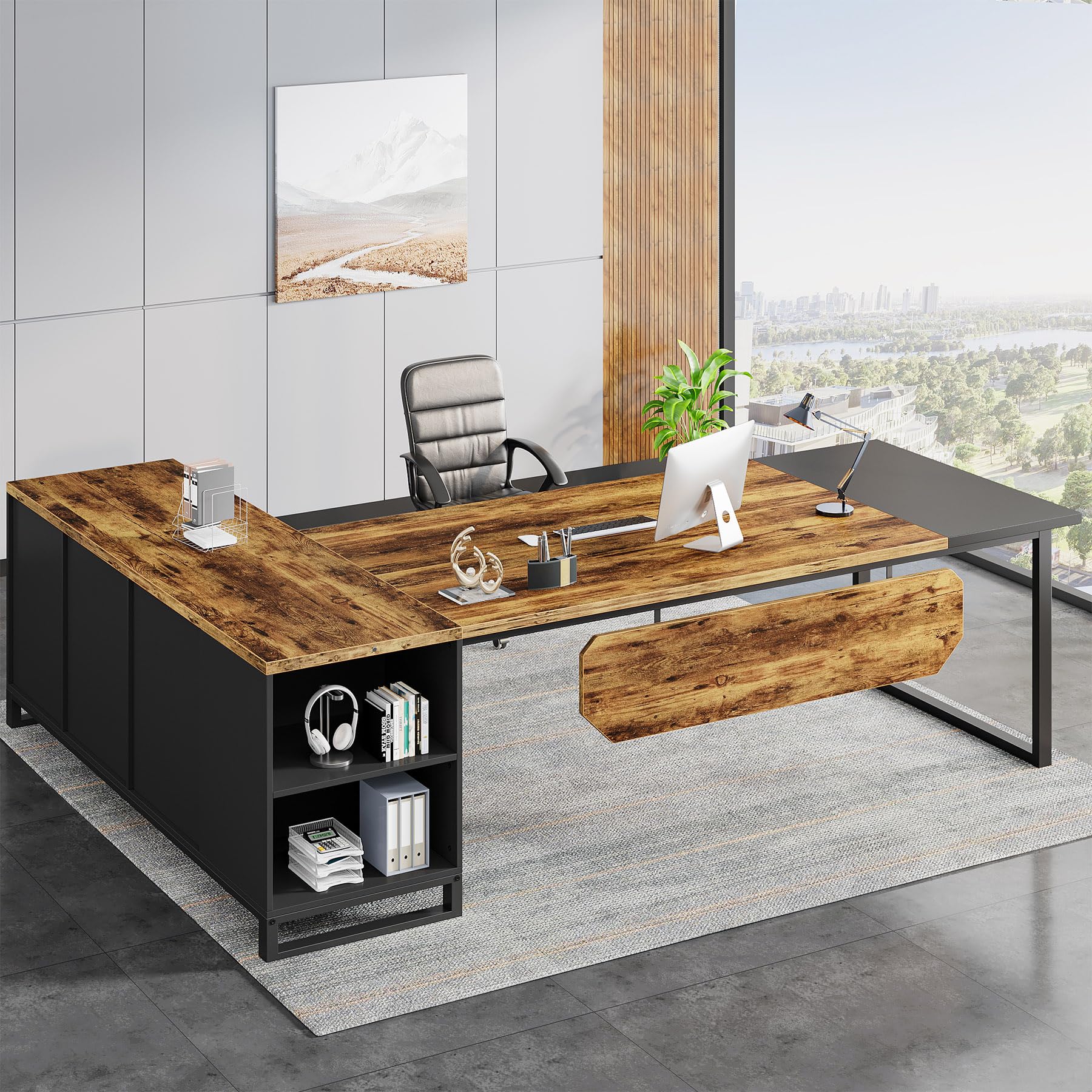 70.8" Executive Desk with 55" File Cabinet, Modern L Shaped Computer Desk