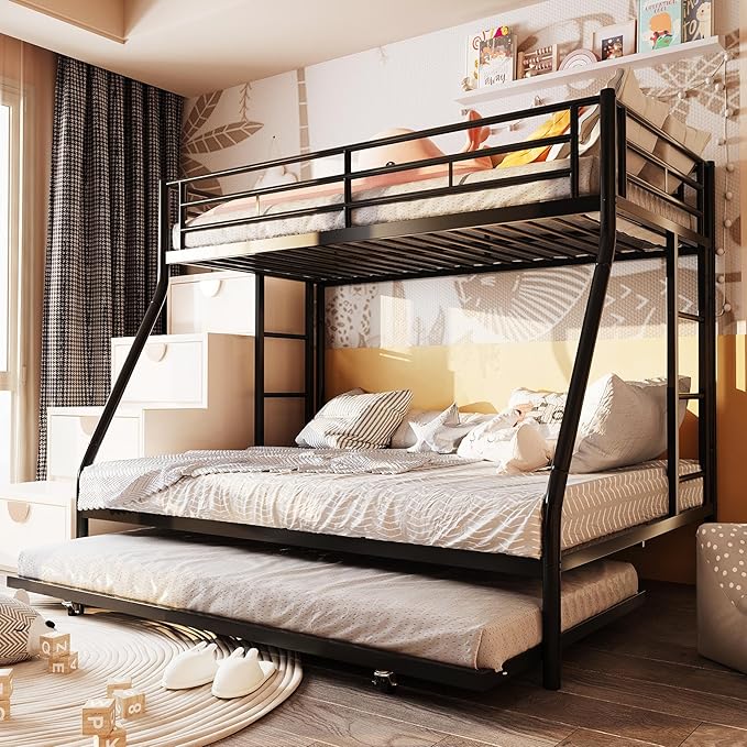 Metal Loft Bed with 2 Secured Ladders, Bunk Bed Twin Over Full with Trundle