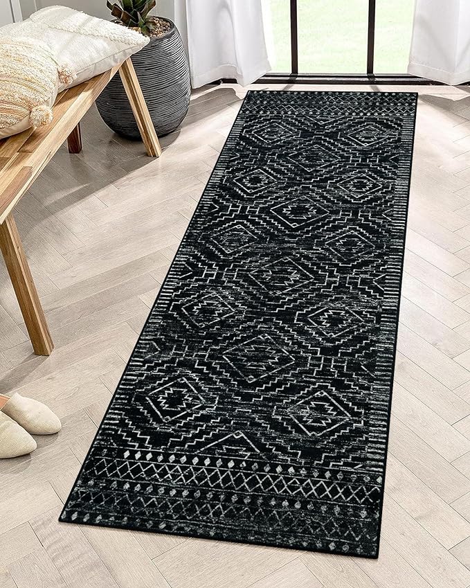 Moroccan Washable Rug 4x6, Black Boho Living Room Area Rug, Non-Slip Farmhouse Bedroom Carpet Dorm Room