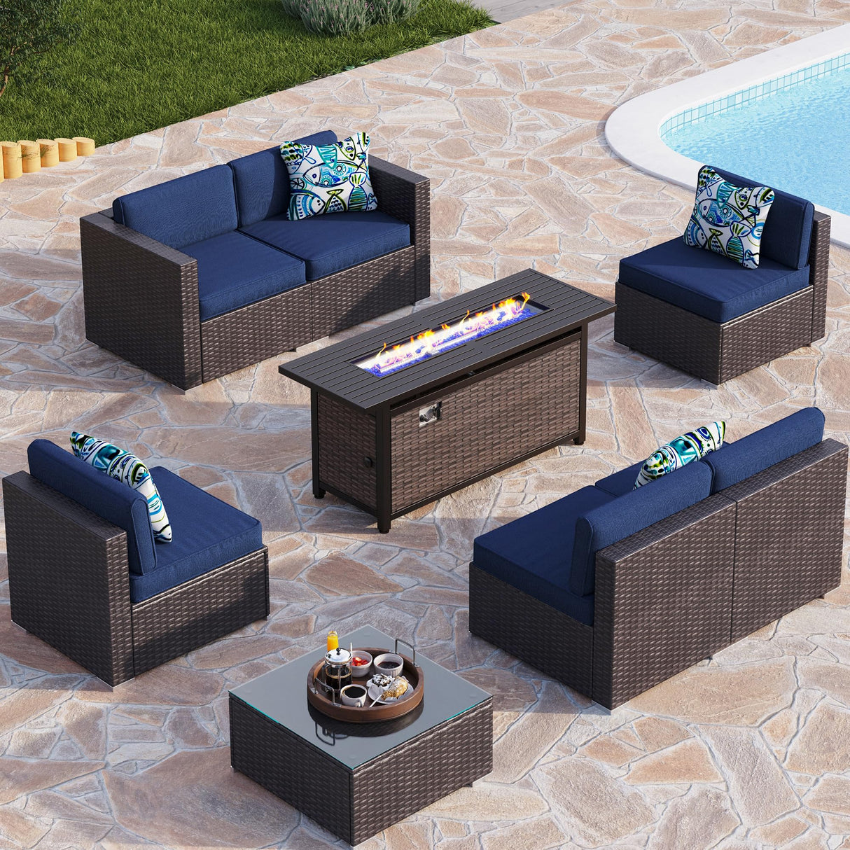 8-Piece Patio Furniture Rattan Sofa Set with 56" Gas Fire Pit Table - Complete Set