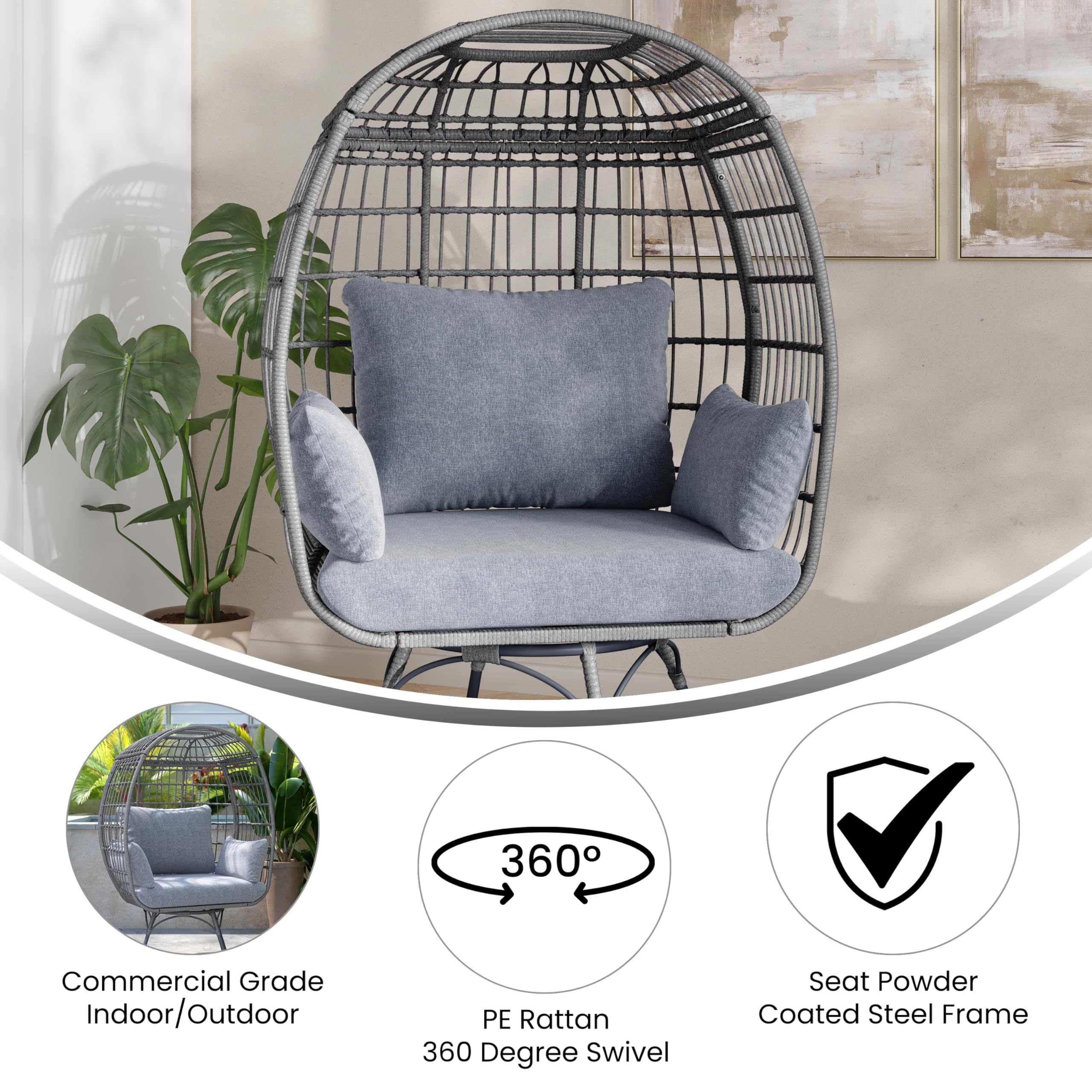 Commercial Indoor/Outdoor Swivel Lounge Chair, Oversized Wicker Egg Chair, 360 Degree Swivel, High Back, 4 Cushions, Gray