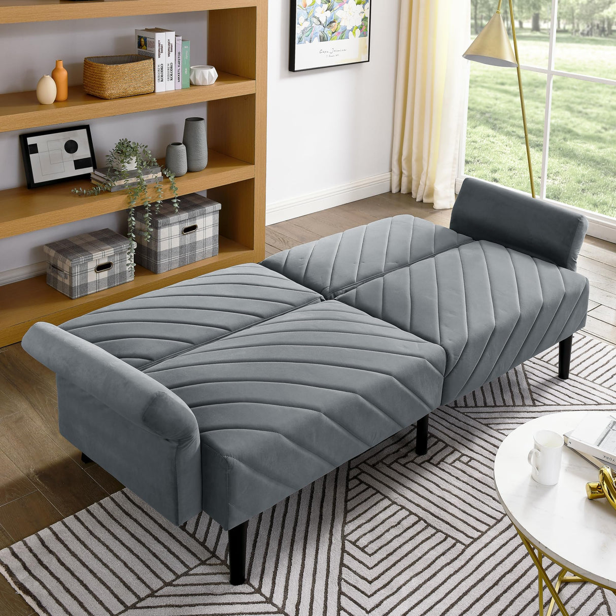 Velvet Futon Sofa Bed Couch, Convertible Sleeper Sofa with Adjustable Armrests and Backrest,