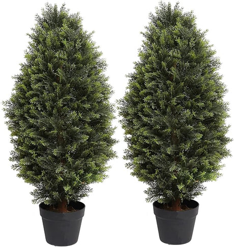 Artificial Topiary Boxwood Tree, Faux Shrub, Includes Black Plastic Pot, 2 Packs Fake Trees, Home Decor for Indoor and Outdoor, Faux Plants Outdoor, Artificial Greenery Set,35inch