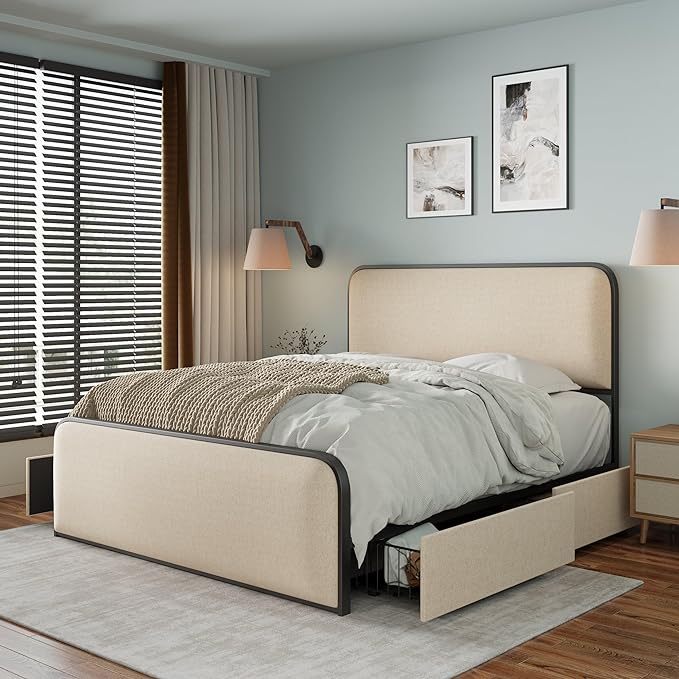 Queen Size Modern Metal Bed Frame with Curved Upholstered Headboard and Footboard,