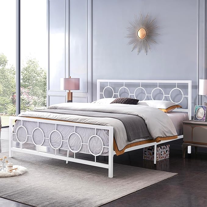 Queen Size Platform Bed with Headboard, Metal Bed Frame, No Box Spring Need