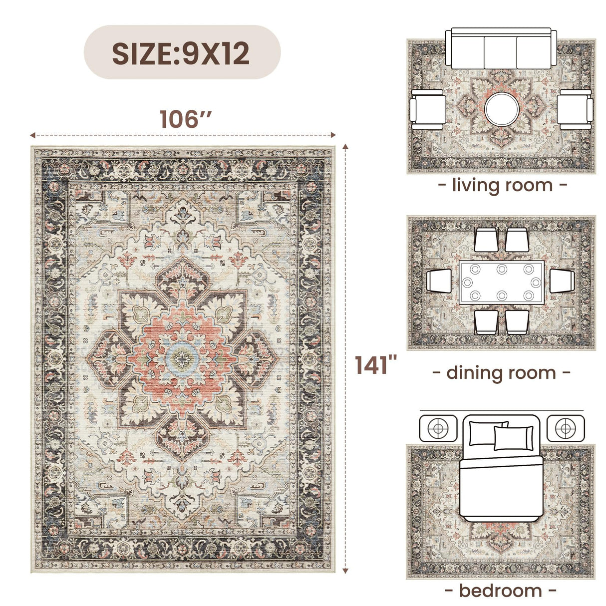 homewill Area Rug 9x12 for Bedroom Living Room, Medallion Printed Ultra-Thin Soft Large Carpet,Oriental Non Slip Big Washable Rug Fade Stain Resistant Rugs for Living Dining Room Home Office Decor