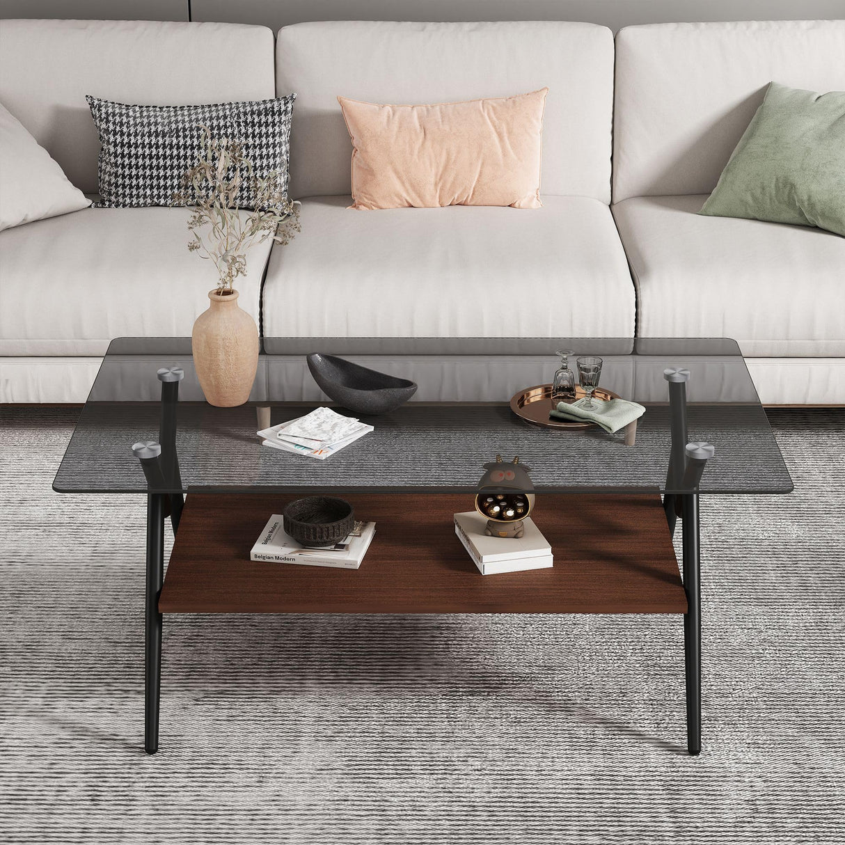 Glass Coffee Table Modern Rectangle Coffee Table with Tempered Glass Top