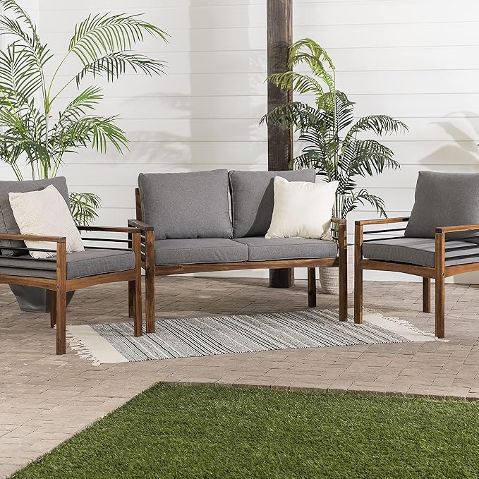 2 Person Outdoor Patio Modern Wood and Metal Loveseat with Washable Cushions