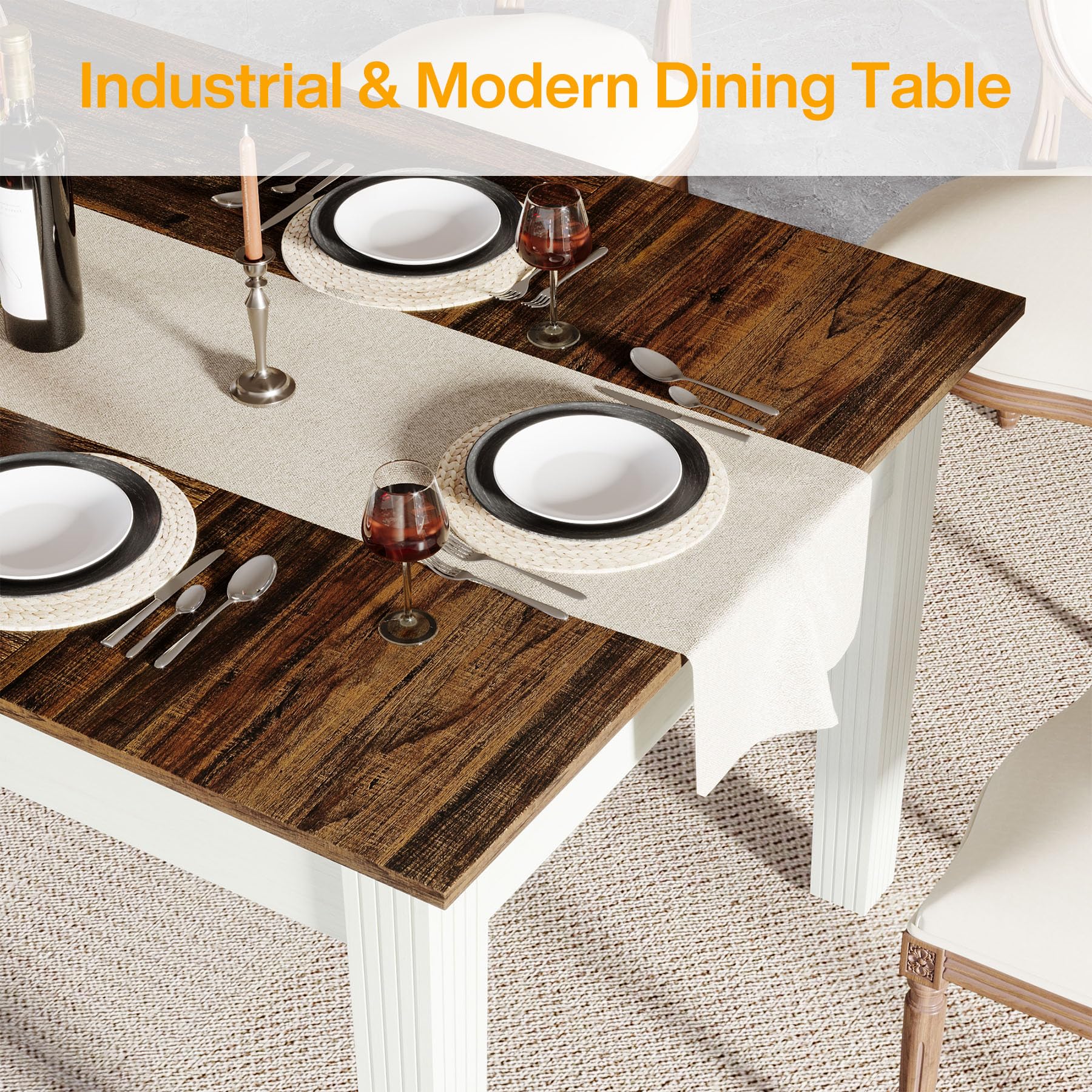 62-Inch Rectangular Dining Table with Solid Wood Legs - Rustic Brown & Cream White