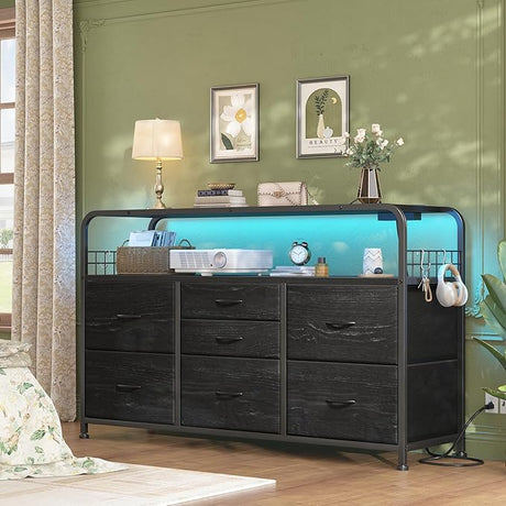 Dresser, Dresser for Bedroom with LED Lights & Charging Station, Bedroom Dresser