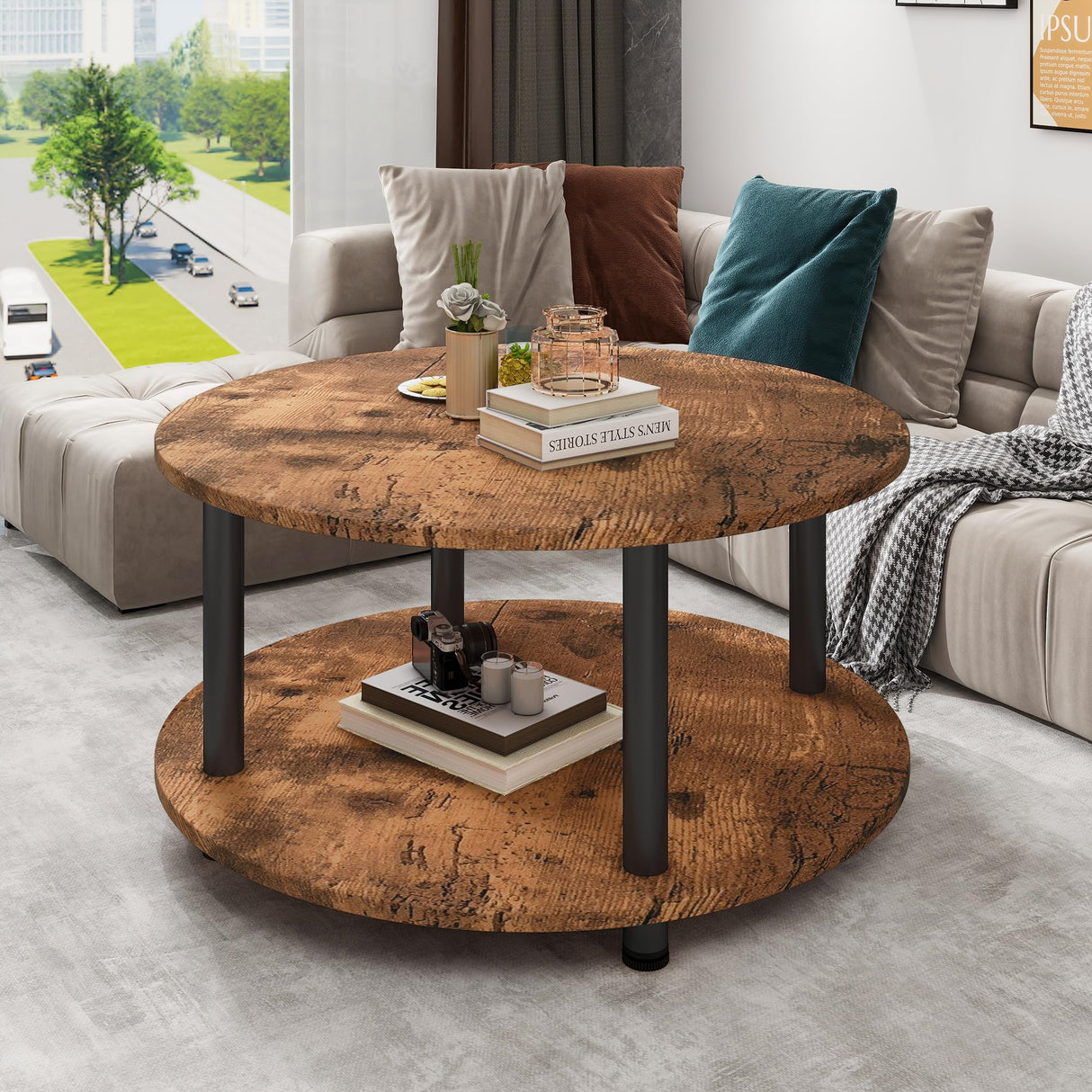23.6" Round Coffee Table, 2-Tier Small Circle Coffee Table with Storage