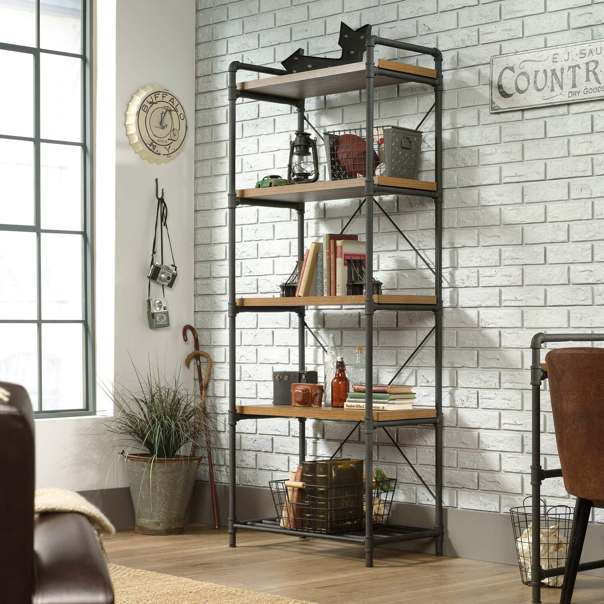 Iron City Tall Bookcase/Book Shelf, Checked Oak Finish