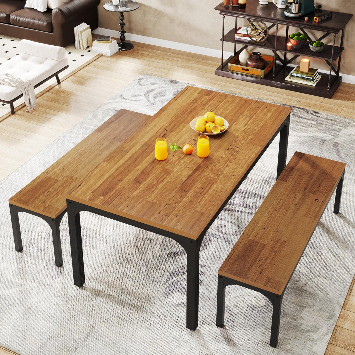 Dining Table Set for 6 People, 3 Pieces Rectangular Kitchen Table with 2 Benches,