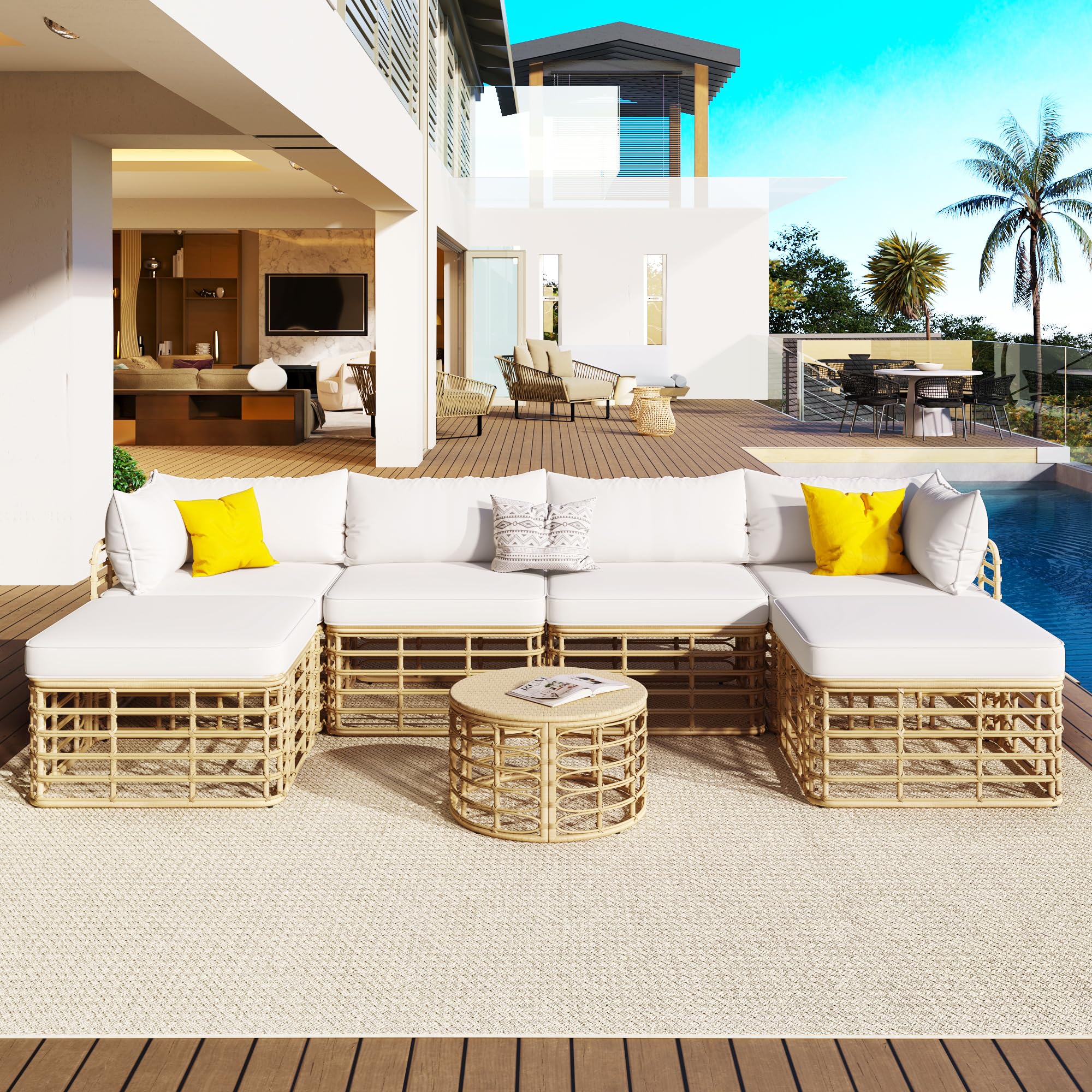 7-Piece Wicker Patio Furniture Set, Outdoor Sectional Sofa PE Rattan Wicker Patio Freely