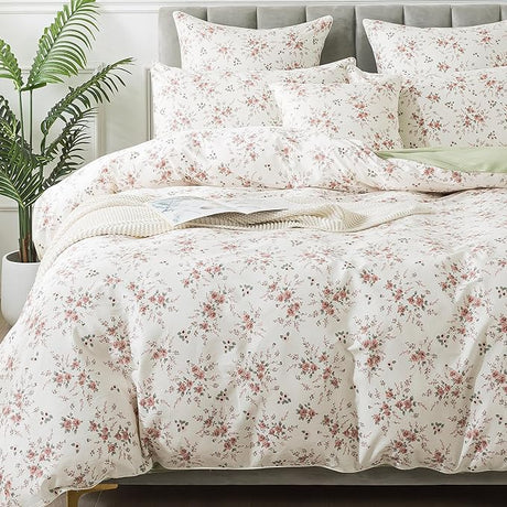 White Floral Duvet Cover Set 100% Cotton Farmhouse Bedding with Hidden Zipper Closure 3 Pieces,