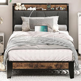 King Size Bed Frame, Storage Headboard with Charging Station, Solid and Stable