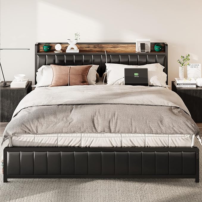 Full Bed Frame with Storage Headboard & Footboard, Upholstered Platform Bed with USB