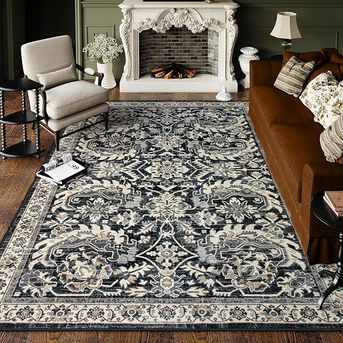 Black Living Room Rugs 8x10, Vintage Washable Grey Rug for Bedroom Dining Room,