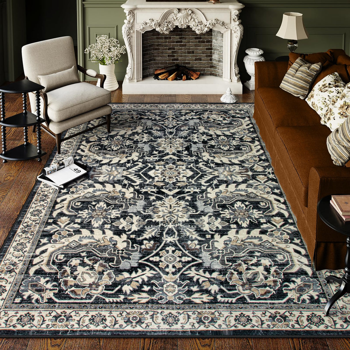Black Living Room Rugs 8x10, Vintage Washable Grey Rug for Bedroom Dining Room,