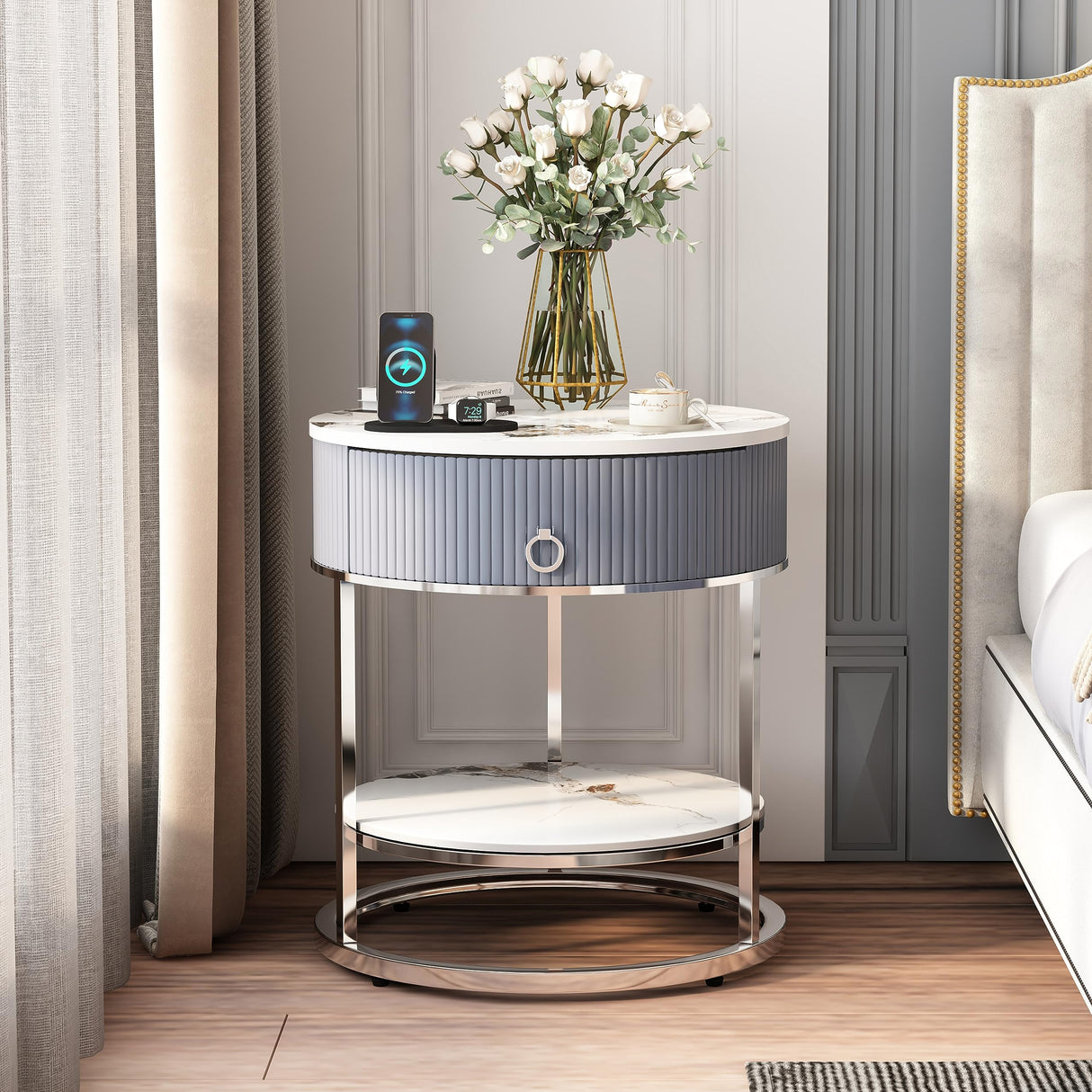 Modern End Table with Drawer, 2 Tier Side Table with Shelf, Round Nightstand