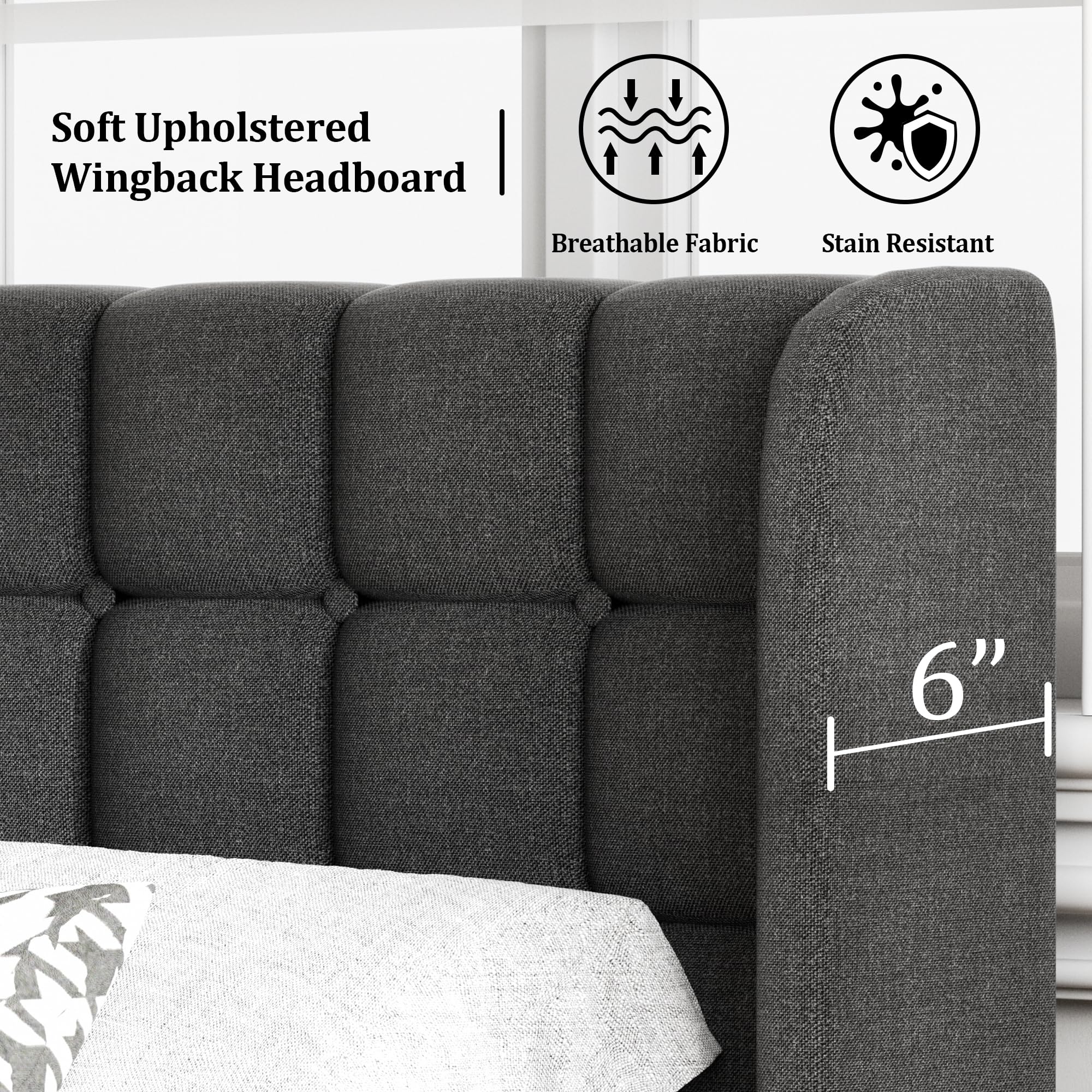 Full Size Bed Frame with Upholstered Wingback Headboard, Modern Platform Bed Frame
