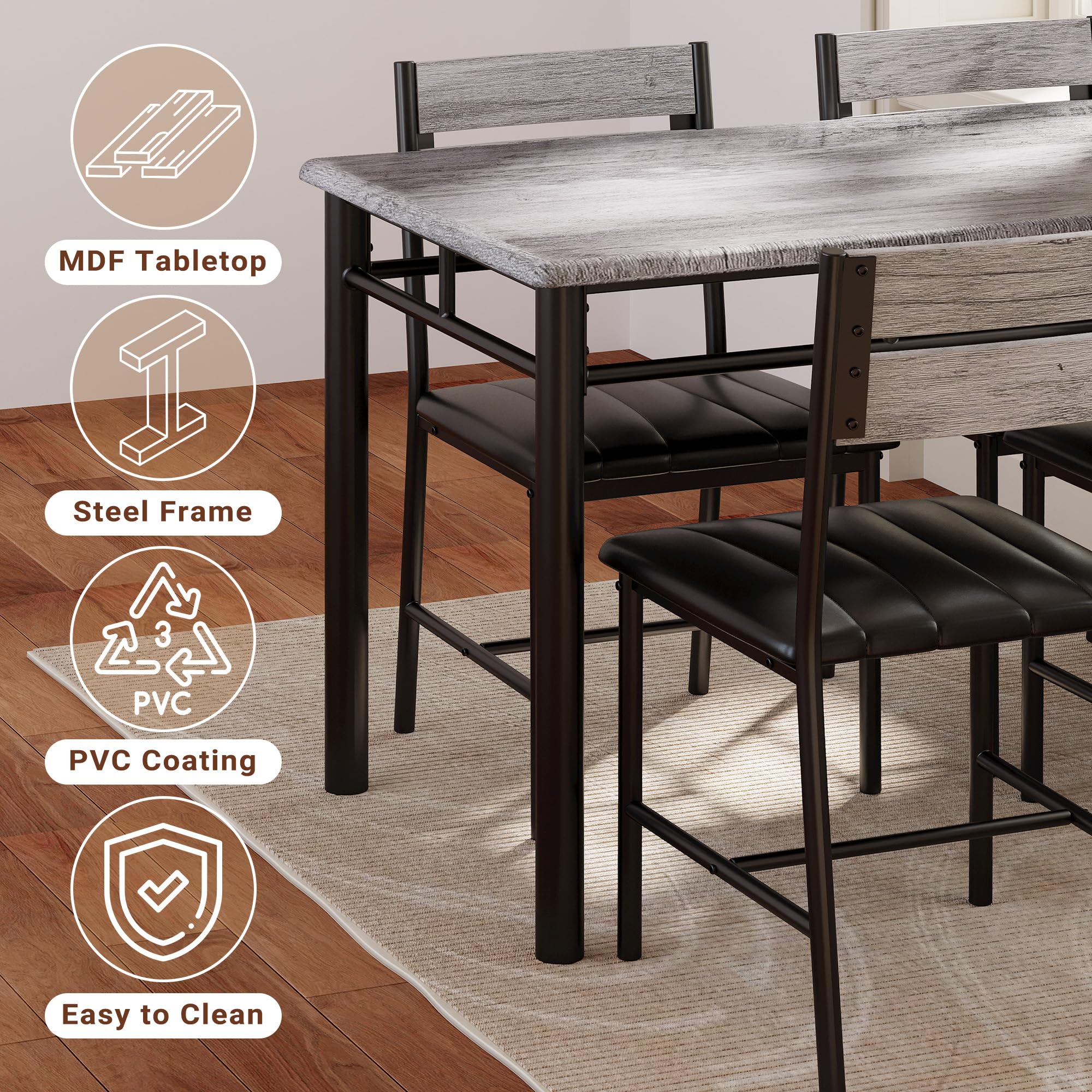 4-Piece Dining Table Set with Upholstered Chairs - Grey Wood Kitchen Table