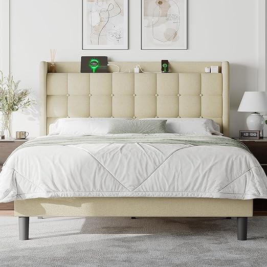 Full Size Bed Frame with Charging Station, Upholstered Platform Bed Frame