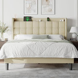 Full Size Bed Frame with Charging Station, Upholstered Platform Bed Frame