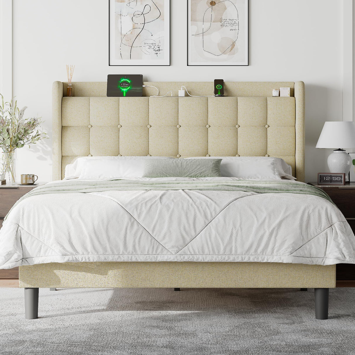 Feonase Full Size Bed Frame with Charging Station, Upholstered Platform Bed Frame with Storage Wingback Headboard, No Box Spring Needed, Easy Assembly, Beige