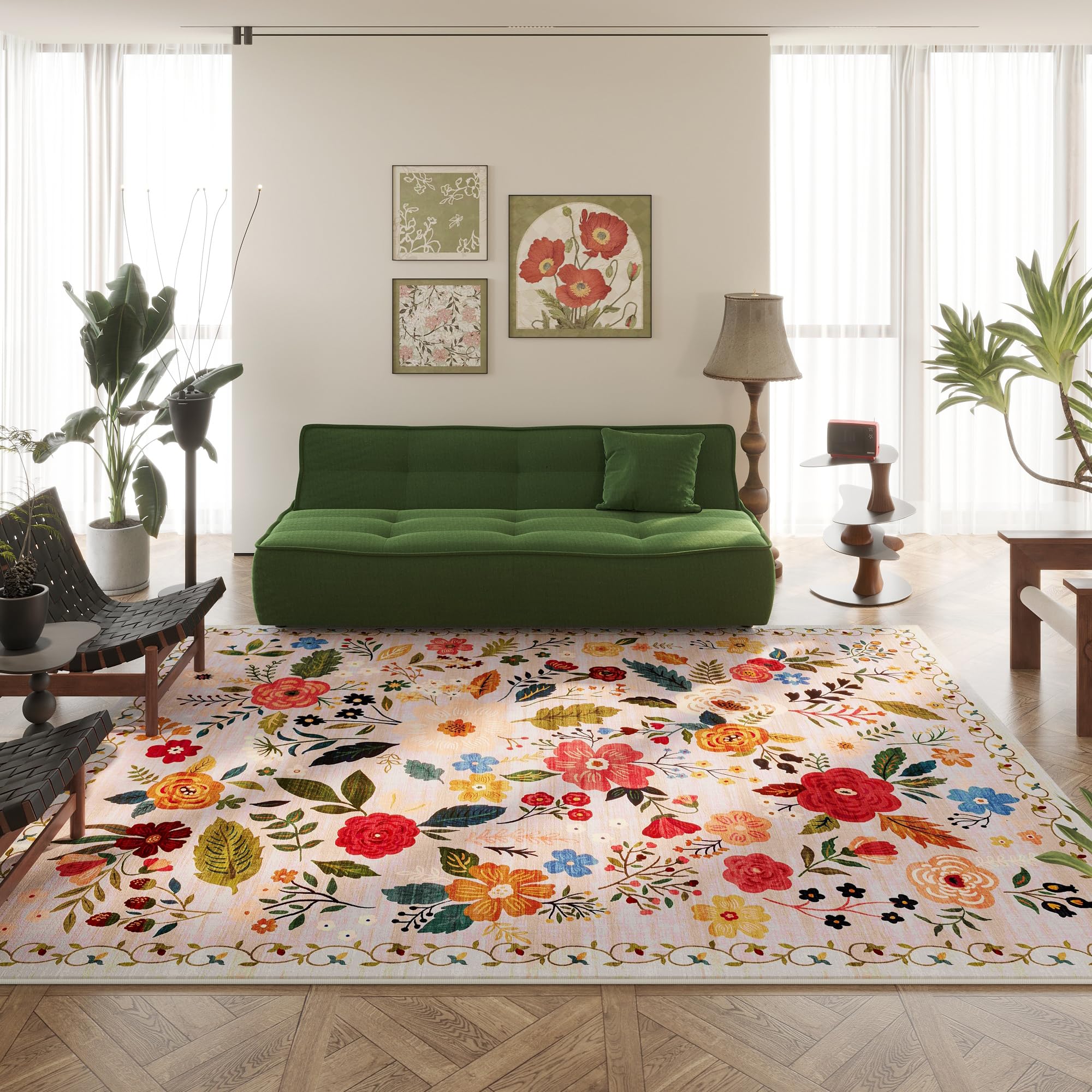 Living Room Rug 6x9 Rug Machine Washable Boho Area Rug Non Slip Floral Vintage