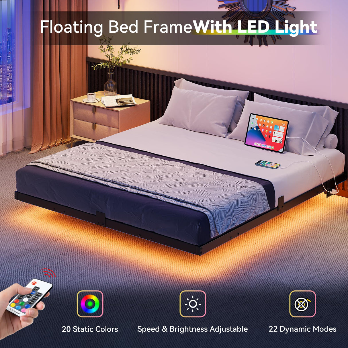 Queen Size Floating Bed Frame with RGB LED Lights and Built-in Charging Ports