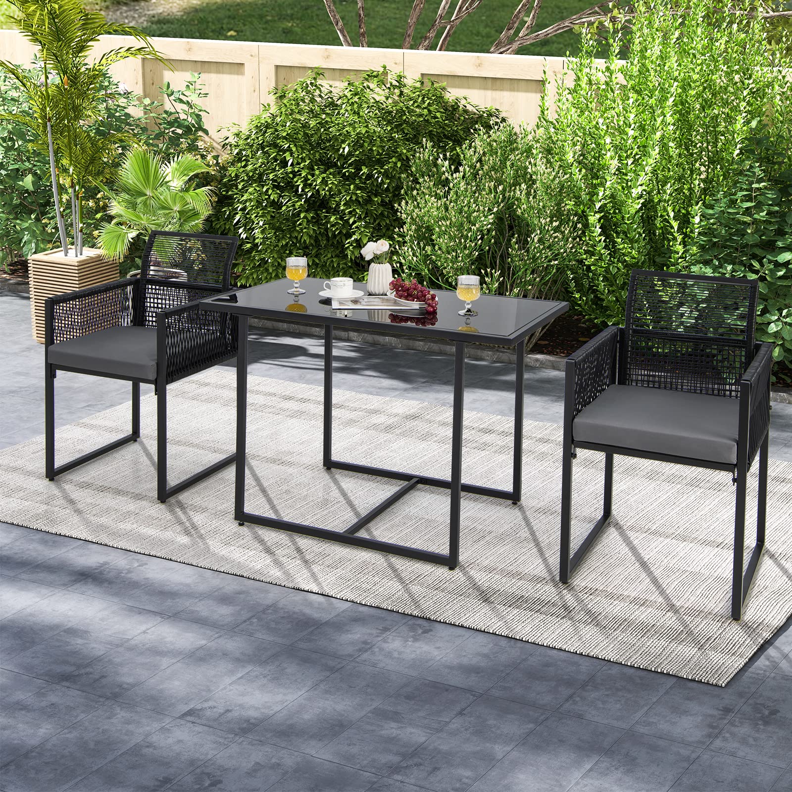 3 Pieces Outdoor Dining Set, Patio PE Rattan Furniture Set with Folding Backrest