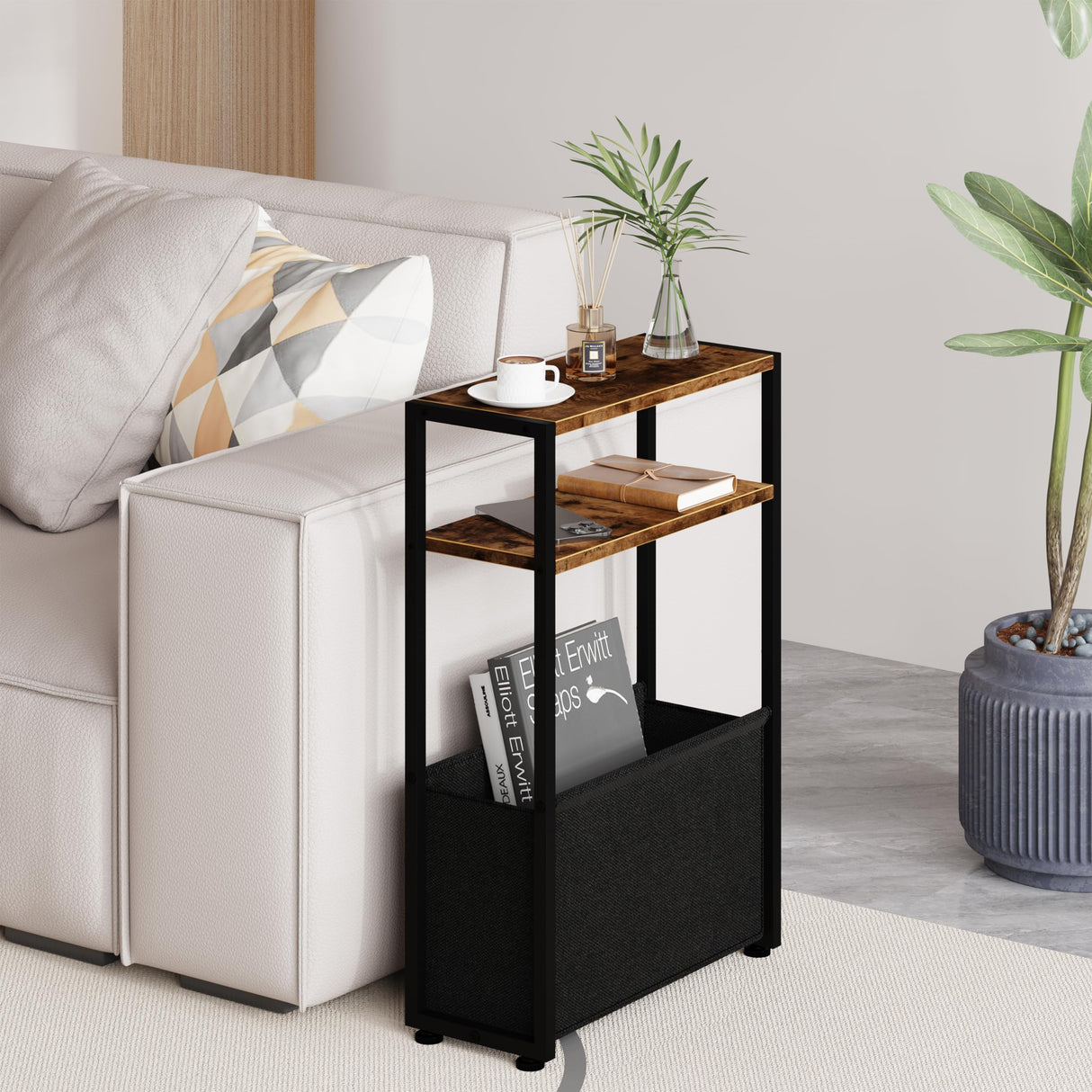 Narrow Side Table, Slim End Tables with Fabric Basket, Skinny Table for Small Spaces