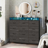 9Black Dresser with LED Light 12 Drawers Dresser with Charging Station Dresser