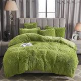 Shaggy Fluffy Faux Fur Duvet Cover Set Button Closure Velvety Bedding Set Comforter