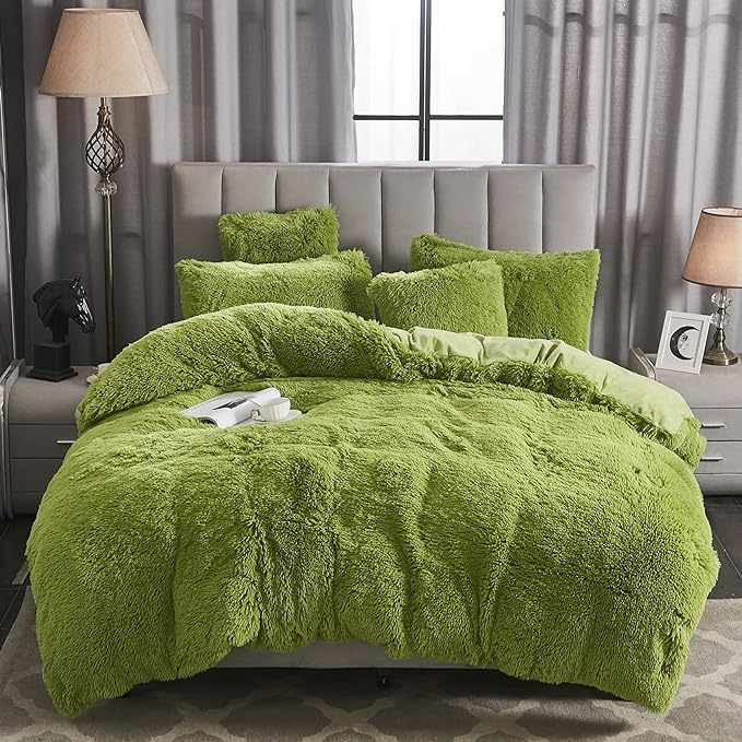Shaggy Fluffy Faux Fur Duvet Cover Set Button Closure Velvety Bedding Set Comforter