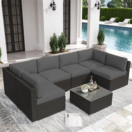 7-Piece Outdoor Patio Furniture Sets, All-Weather Black Wicker Rattan Sectional Sofa