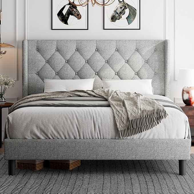 Queen Size Upholstered Platform Bed Frame, Wingback Bed Frame with Diamond Button