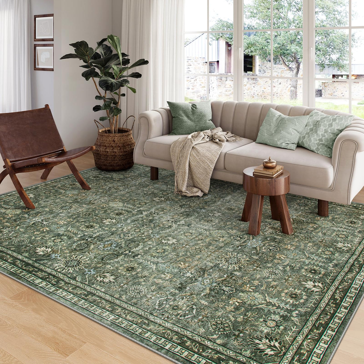 Green 8x10 Rugs for Living Room, Boho Washable Area Rugs for Bedroom Non Slip,