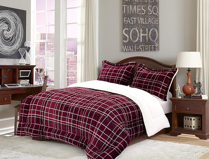 Comfort Softest, Coziest Heavy Weight Plaid Pattern Micromink Sherpa-Backing Premium Quality Down Down