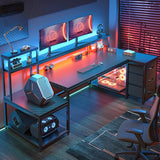 EnHomee 70.9" L Shaped Gaming Desk with Drawers Reversible L Shaped Computer Desk with Power Outlet & LED Lights White Home Office Desk with Storage Shelves and Monitor Stand Corner Desk